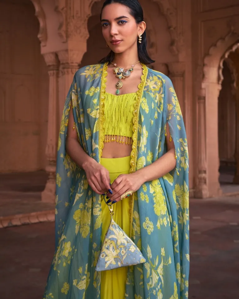 Lime Yellow Floral Print and Highlighted Crop Top and Skirt Set