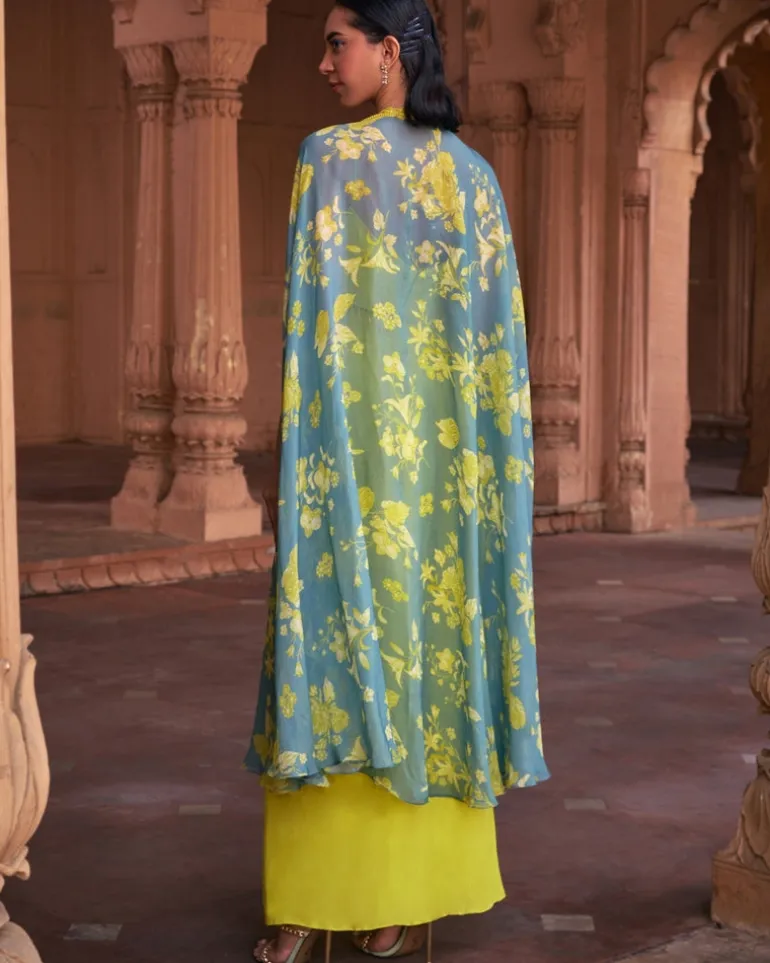 Lime Yellow Floral Print and Highlighted Crop Top and Skirt Set