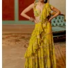 Lime Yellow Floral Printed Chiffon Sari Set