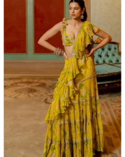 Lime Yellow Floral Printed Chiffon Sari Set