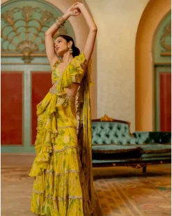 Lime Yellow Floral Printed Chiffon Sari Set