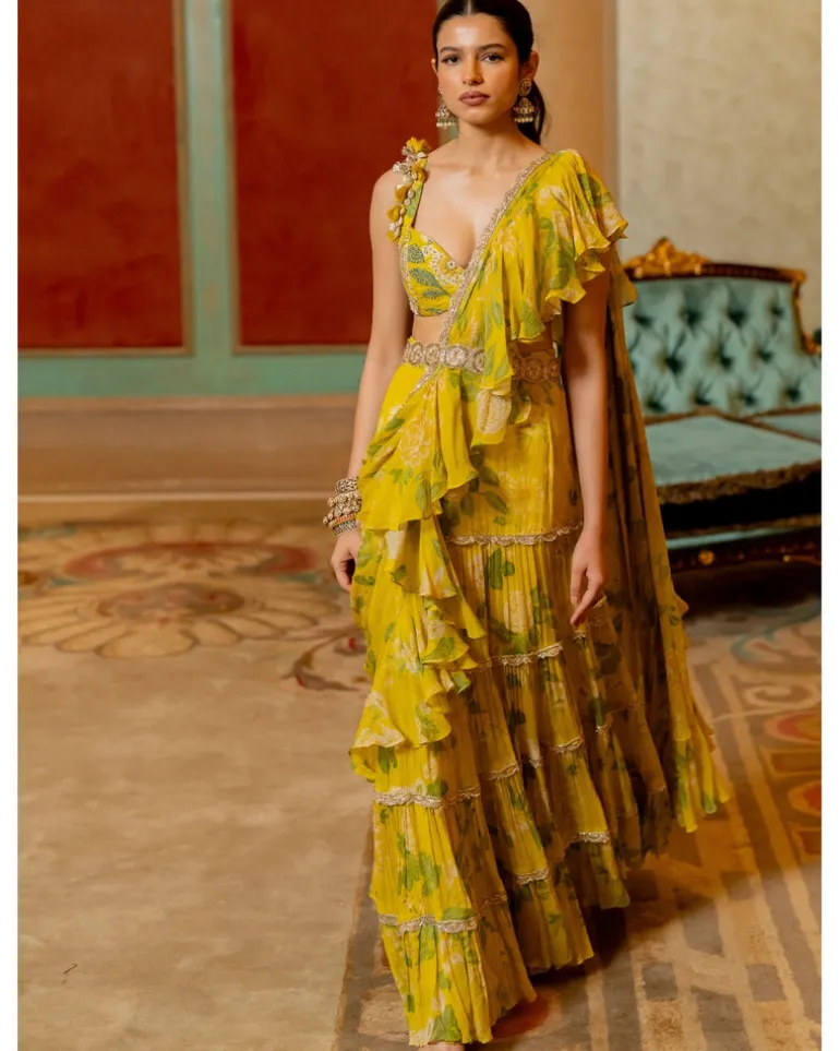 Lime Yellow Floral Printed Chiffon Sari Set