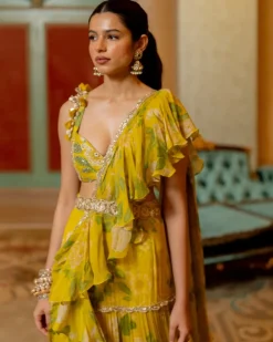 Lime Yellow Floral Printed Chiffon Sari Set