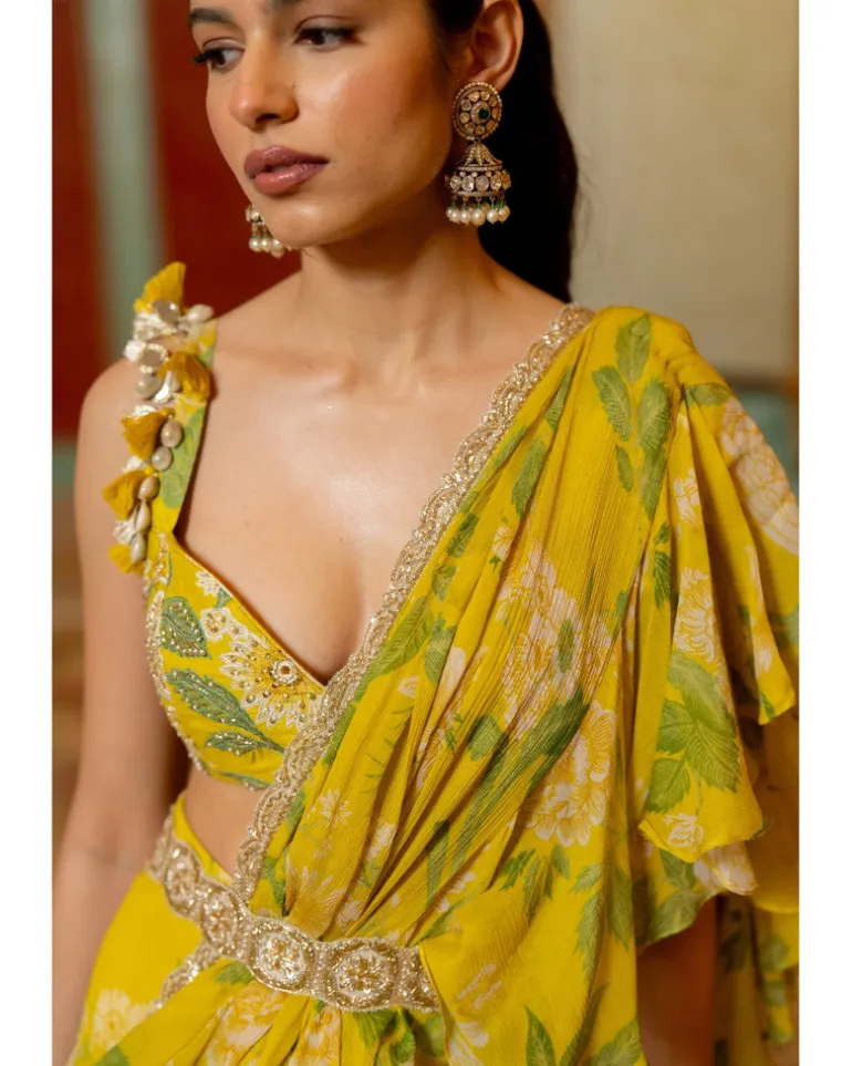 Lime Yellow Floral Printed Chiffon Sari Set