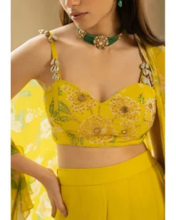 Lime Yellow Floral Printed Drama Jacket Set