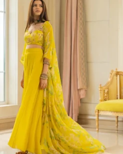 Lime Yellow Floral Printed Drama Jacket Set
