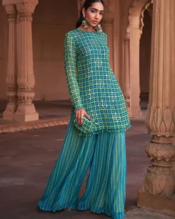 Lime Yellow Grid Print & Highlighted Kurti Set