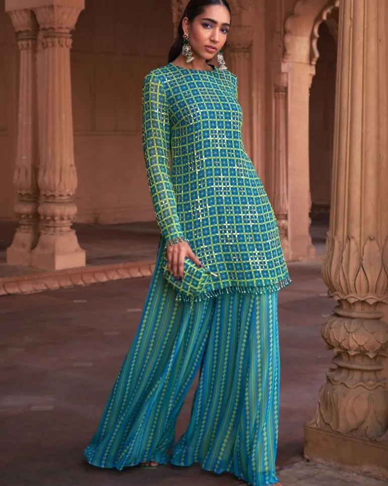 Lime Yellow Grid Print & Highlighted Kurti Set