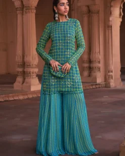 Lime Yellow Grid Print & Highlighted Kurti Set