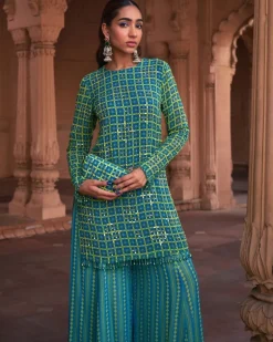 Lime Yellow Grid Print & Highlighted Kurti Set