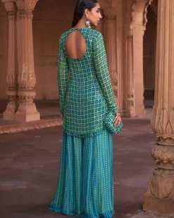 Lime Yellow Grid Print & Highlighted Kurti Set