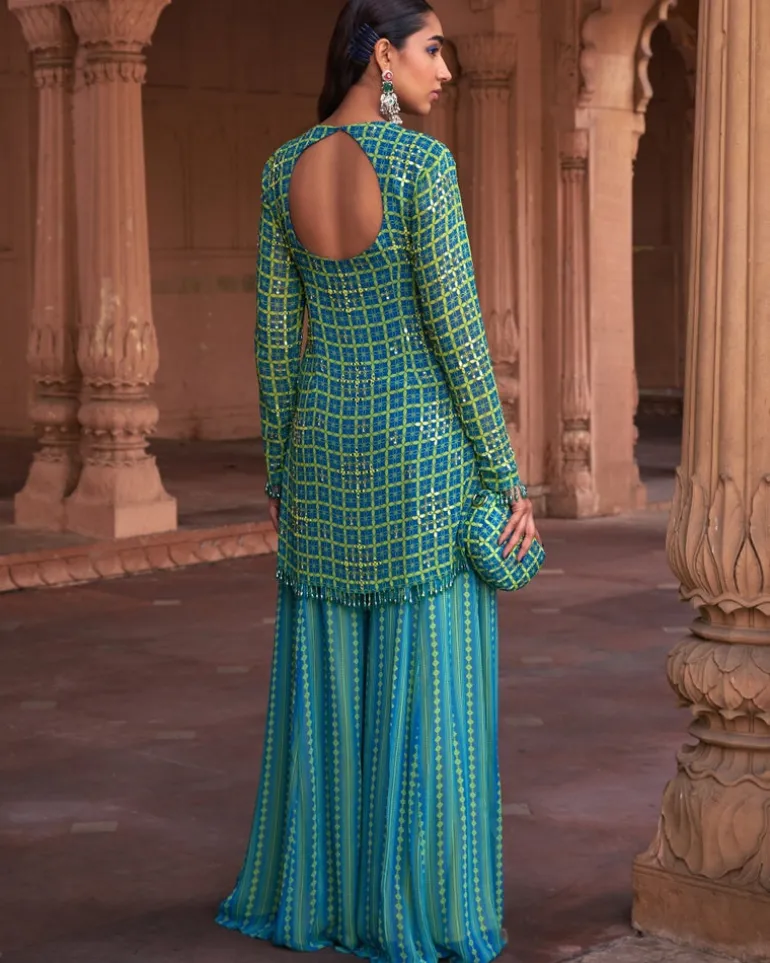 Lime Yellow Grid Print & Highlighted Kurti Set