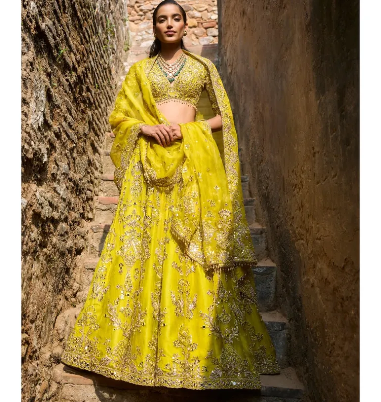 Lime Yellow Organza Lehenga Set