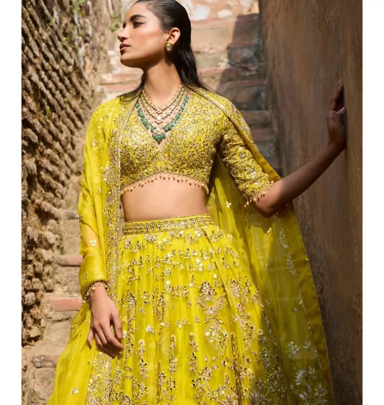Lime Yellow Organza Lehenga Set