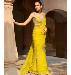 Lime Yellow Organza Sari Set