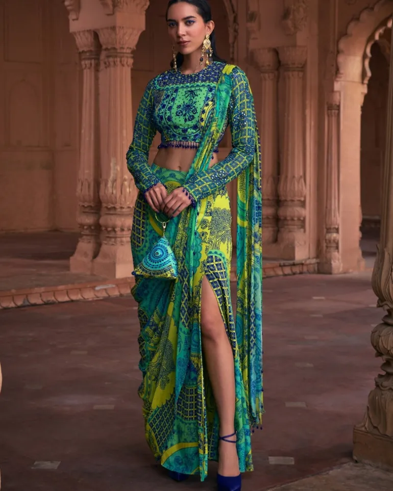 Lime Yellow Thikri Print and Highlighted Sari Set
