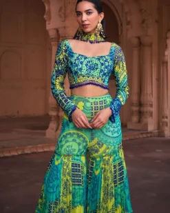 Lime Yellow Thikri Print & Highlighted Crop Top Set