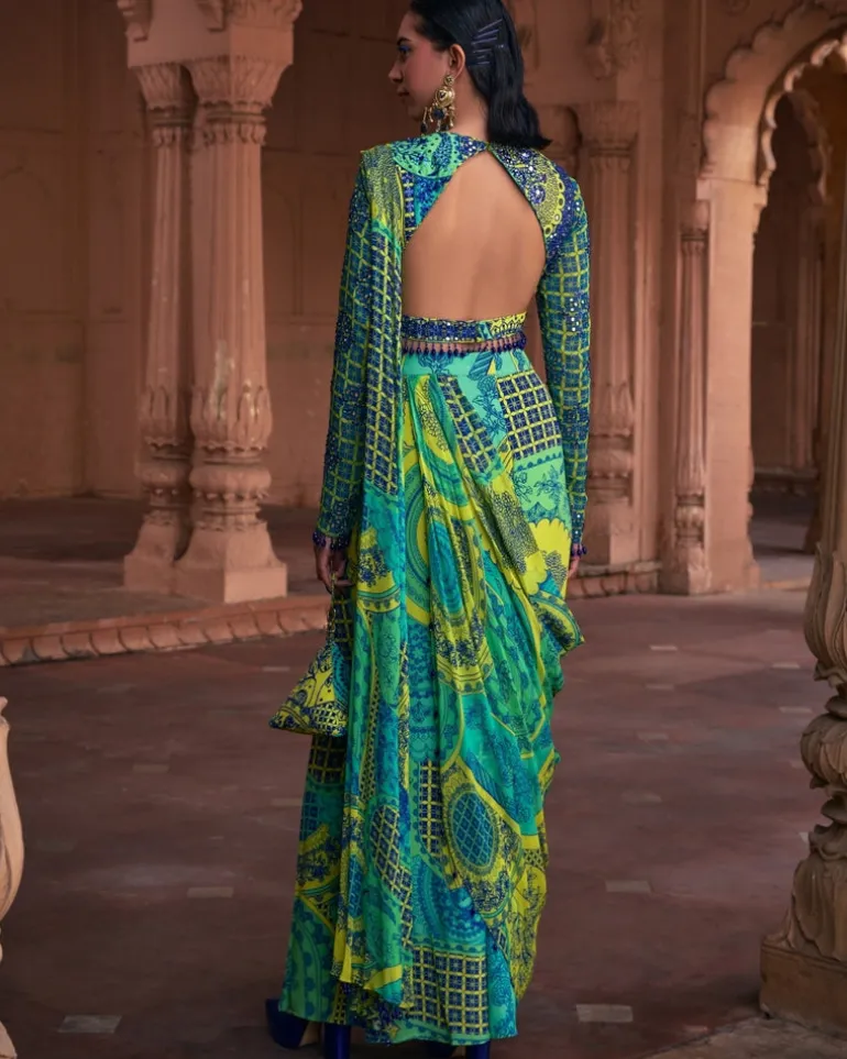 Lime Yellow Thikri Print and Highlighted Sari Set