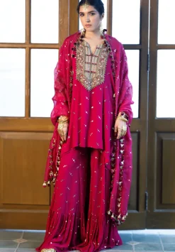 Magenta Pink Embroidered Kaftan And Frill Sharara With Dupatta Set
