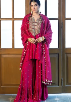 Magenta Pink Embroidered Kaftan And Frill Sharara With Dupatta Set