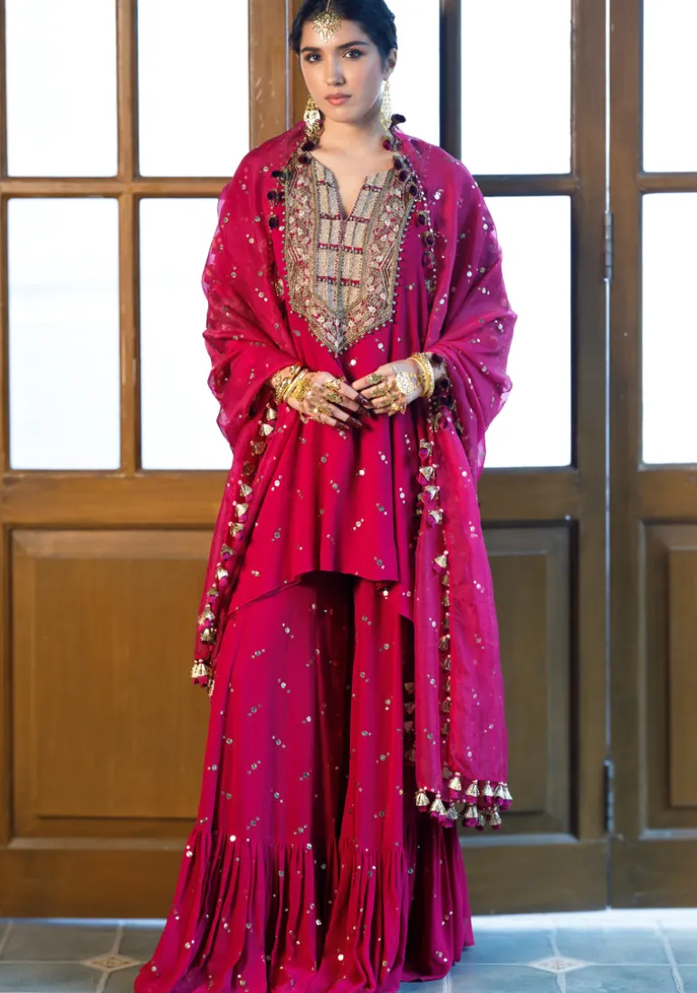 Magenta Pink Embroidered Kaftan And Frill Sharara With Dupatta Set
