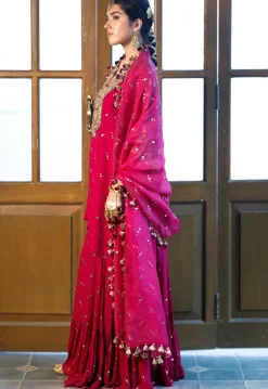 Magenta Pink Embroidered Kaftan And Frill Sharara With Dupatta Set