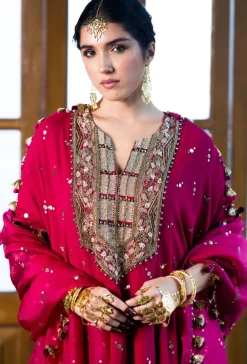 Magenta Pink Embroidered Kaftan And Frill Sharara With Dupatta Set