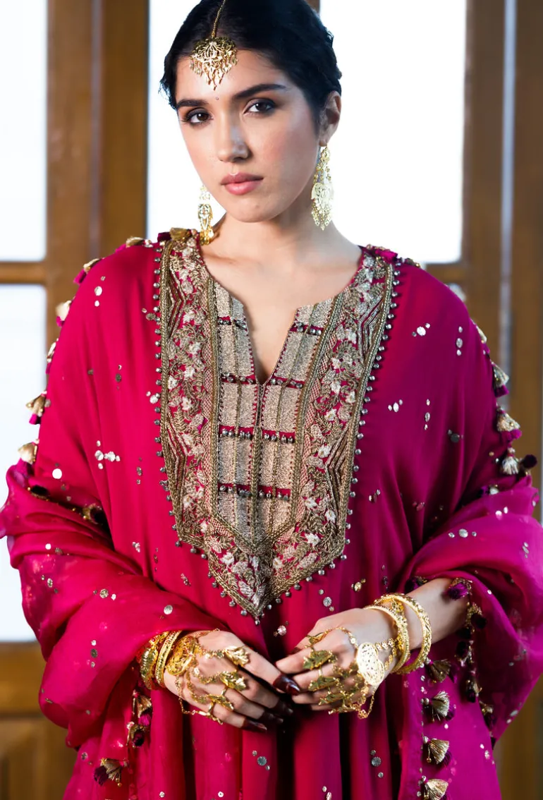 Magenta Pink Embroidered Kaftan And Frill Sharara With Dupatta Set