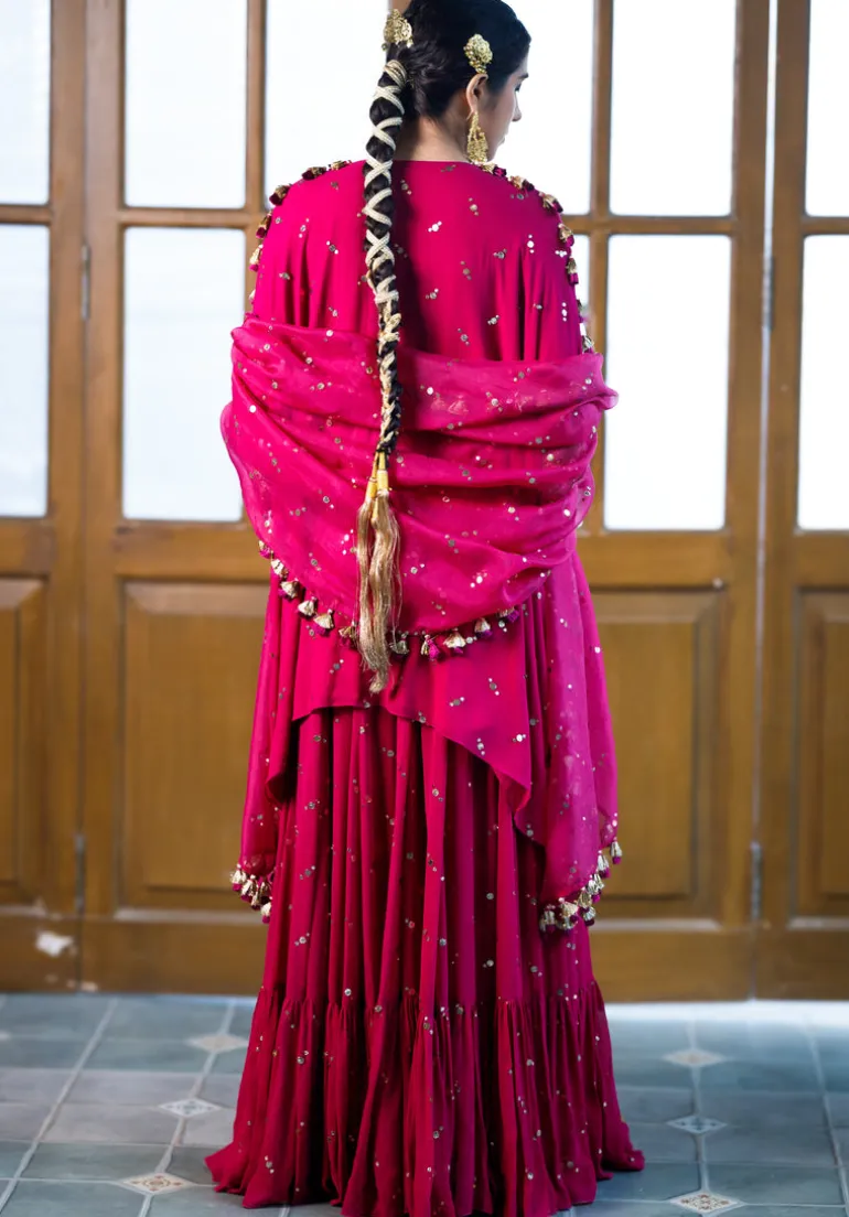 Magenta Pink Embroidered Kaftan And Frill Sharara With Dupatta Set