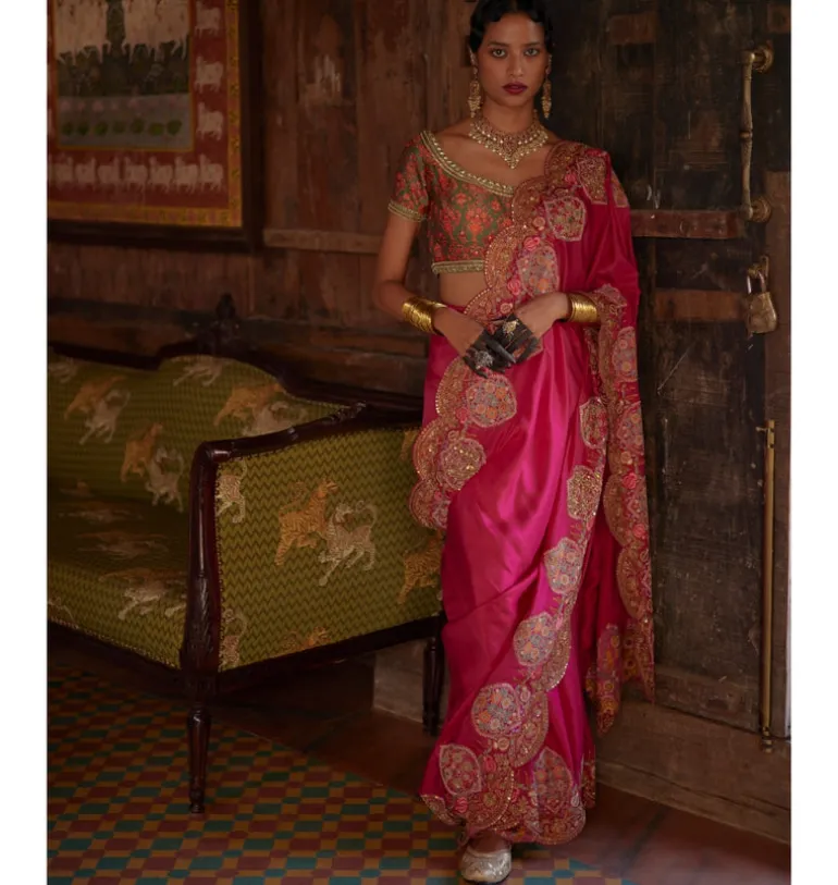 Magenta Tamba Work Silk Sari Set