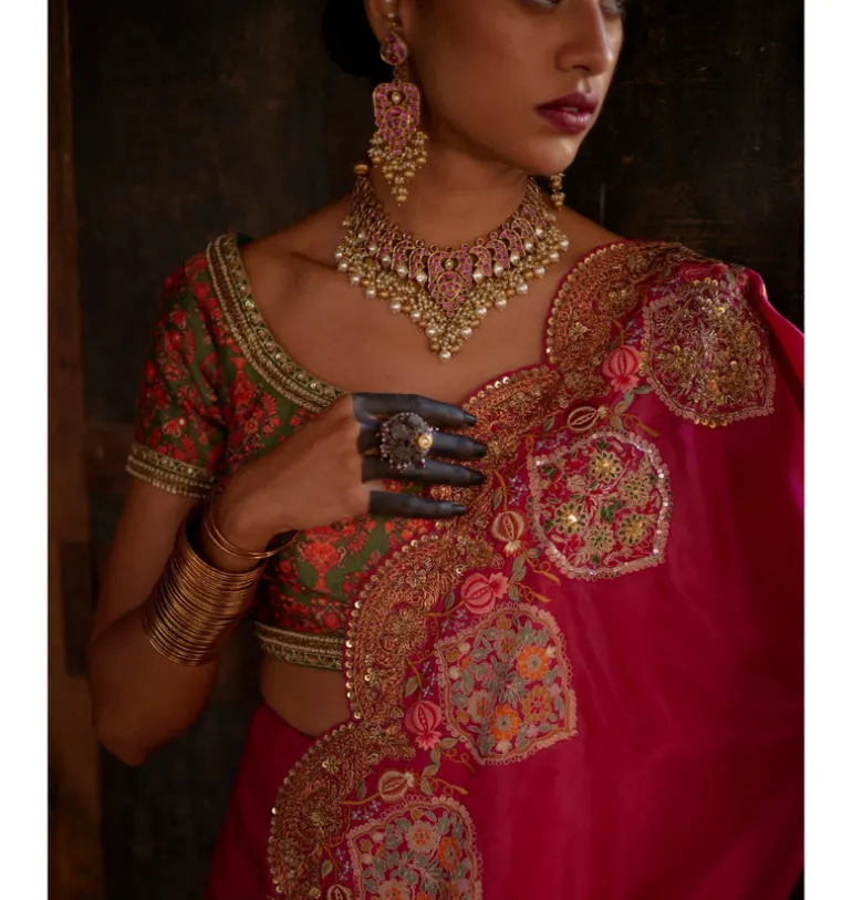 Magenta Tamba Work Silk Sari Set