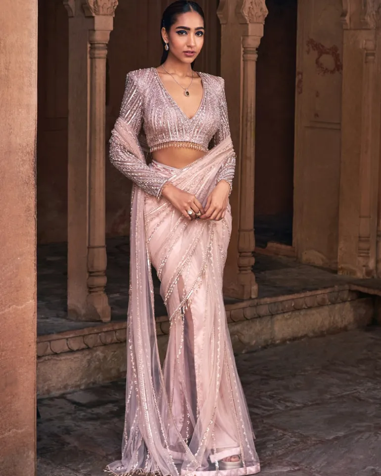 Magus Rose Gold Embroidered Sari Set