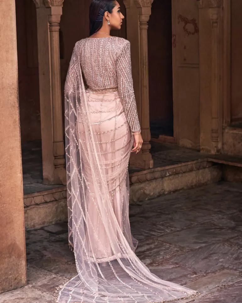 Magus Rose Gold Embroidered Sari Set