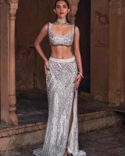 Maliisa Ivory Embroidered Crop Top Skirt Set