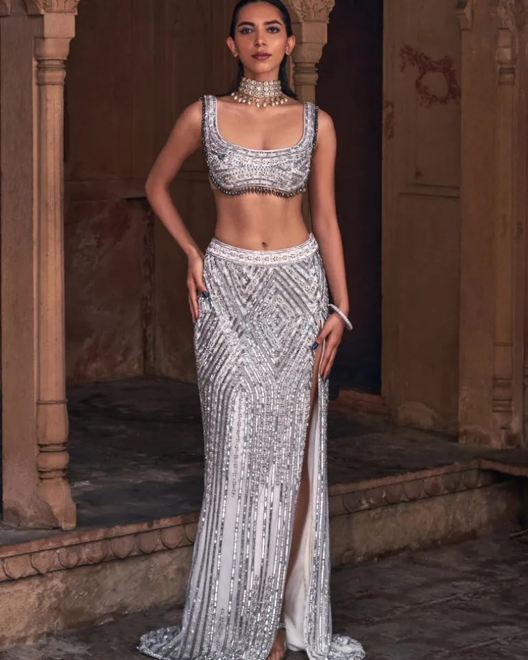 Maliisa Ivory Embroidered Crop Top Skirt Set