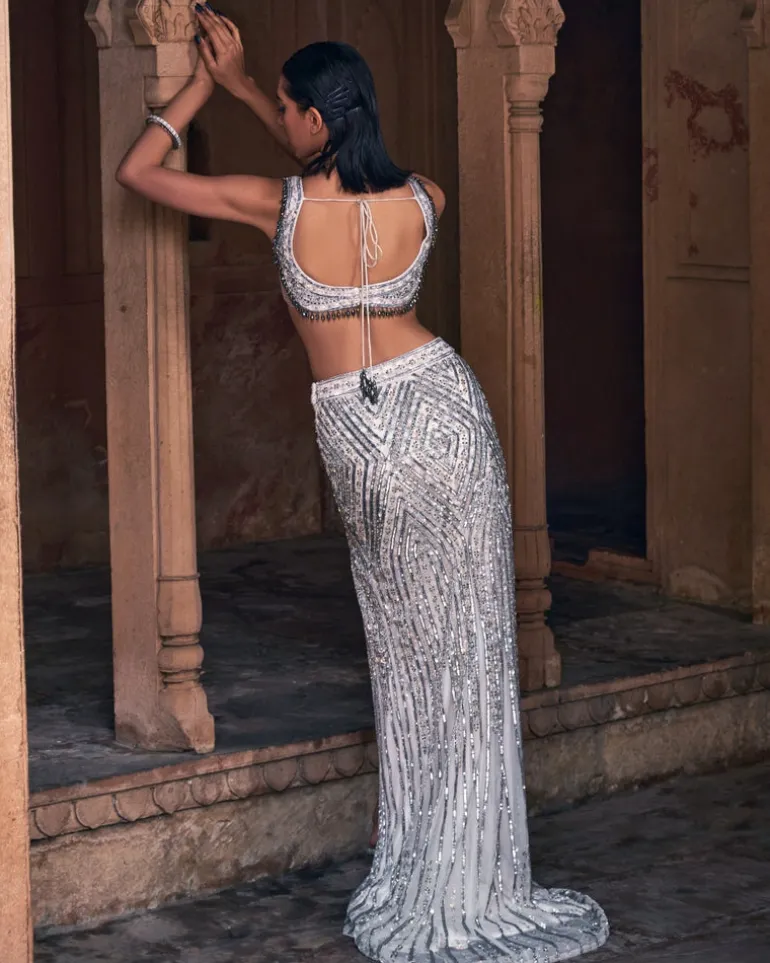 Maliisa Ivory Embroidered Crop Top Skirt Set