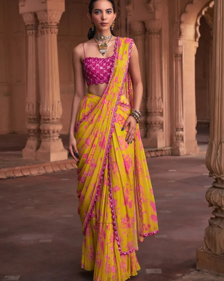 Mango Yellow Floral Print & Highlighted Sari Set
