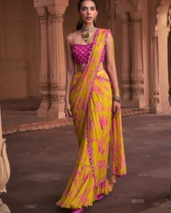 Mango Yellow Floral Print & Highlighted Sari Set