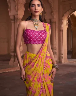 Mango Yellow Floral Print & Highlighted Sari Set
