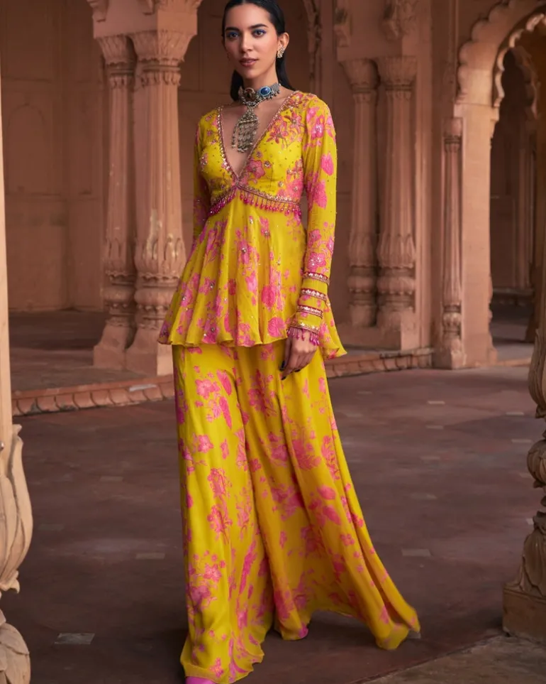 Mango Yellow Floral Print & Highlighted Peplum Set