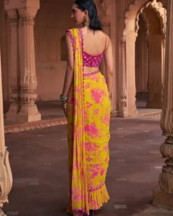 Mango Yellow Floral Print & Highlighted Sari Set