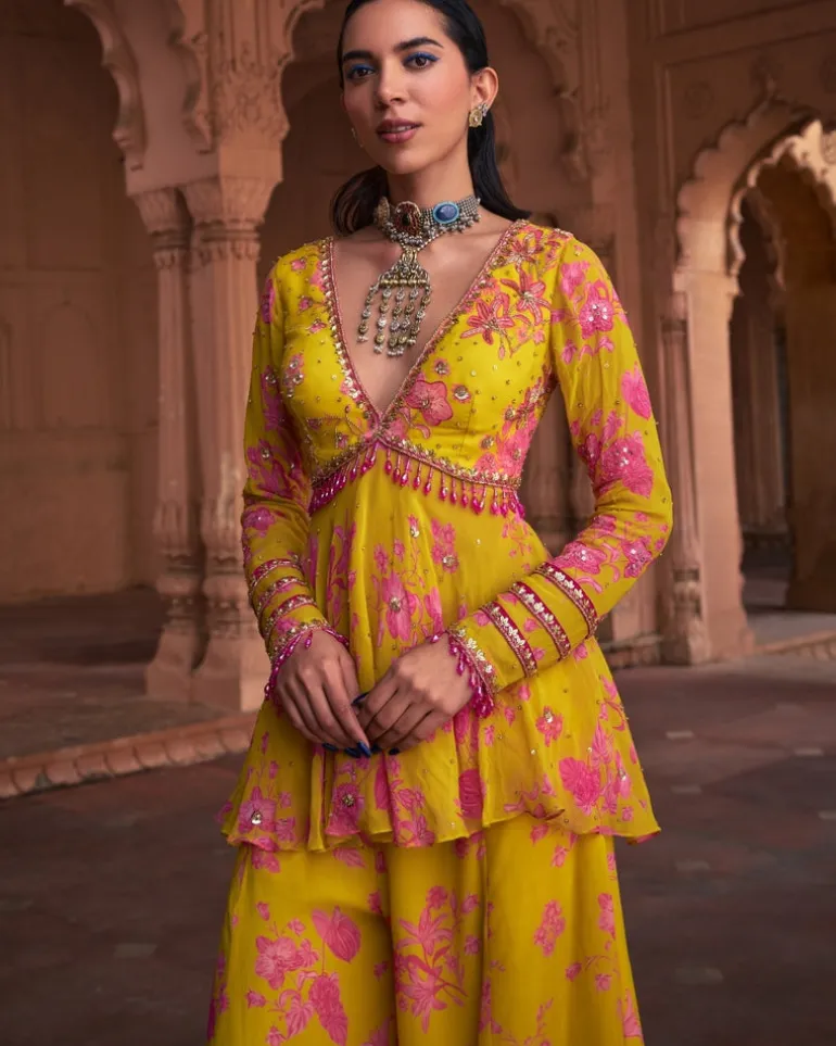 Mango Yellow Floral Print & Highlighted Peplum Set