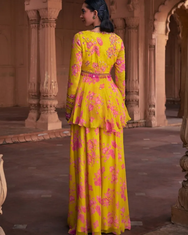 Mango Yellow Floral Print & Highlighted Peplum Set