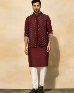 Maroon Acrylic Embroidered Kurta Set