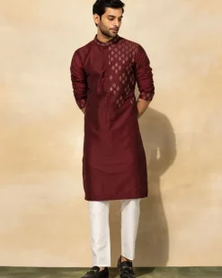 Maroon Acrylic Embroidered Kurta Set