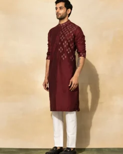 Maroon Acrylic Embroidered Kurta Set