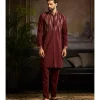 Maroon & Gold Cutana And Acrylic Embroidered Kurta Paired With Maroon Pants