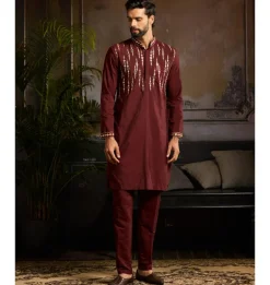 Maroon & Gold Cutana And Acrylic Embroidered Kurta Paired With Maroon Pants
