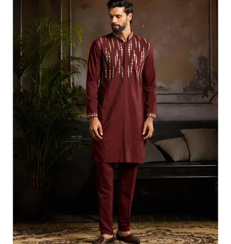 Maroon & Gold Cutana And Acrylic Embroidered Kurta Paired With Maroon Pants