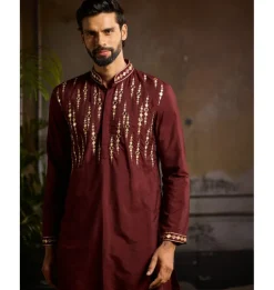 Maroon & Gold Cutana And Acrylic Embroidered Kurta Paired With Maroon Pants